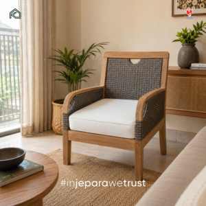 Chaise longue en teck et rotin de luxe, style moderne minimaliste, housse en lin écologique, pour salon, balcon, hôtel, mobilier de resort - Product Image 1