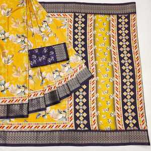 DESIGNER COTTON DIGITAL PRINT WORK <b>SAREE</b> <b>WITH</b> UNSTITCHED BLOUSE YELLOW - Product Image 1