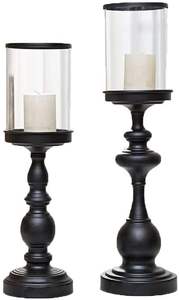 Elegante Par de Portavelas de Madera con Base Redonda y Linterna Decorativa de Vidrio Transparente - Product Image 2