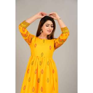 AARTI FASHION ชุดเดรสยาวสีเหลืองลายเพสลีย์ผ้าฝ้ายสไตล์ชาติพันธุ์ ดีไซน์ทันสมัย ชุดสัลวาร์ แห้งเร็ว สำหรับผู้หญิง - Product Image 3