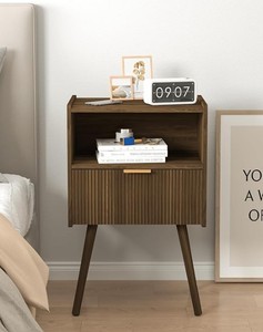 Modern Wood Nightstand With Single Drawer <b>Storage</b> with Fluted Design and Open <b>Storage</b> Midcentury Design Bedroom Furniture - Product Image 3