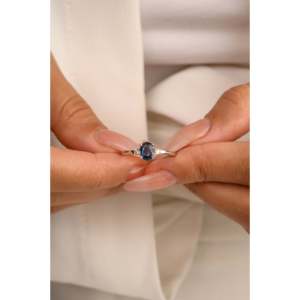 14K White Gold Three Stone Sapphire Diamond Cluster Proposal Ring - Product Image 4