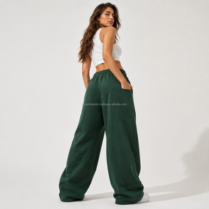 Pantalones de chándal holgados para mujer, 100% algodón polar, 480 GSM, estilo athleisure, al por mayor, cintura elástica media, cómodos, parte delantera plana, pierna ancha premium - Product Image 2