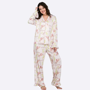 Ensemble de pyjama pour femmes à manches longues, antibactérien, respirant, imprimé de personnages, col roulé, longueur intégrale, en coton, vêtements de nuit confortables pour le printemps - Product Image 2