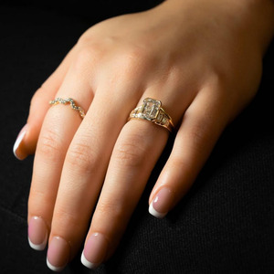 2CT Emerald Cut Lab Grown Diamond Half Bezel Set <b>Ring</b> Baguette Cut Pave Band <b>Ring</b> 14K Gold Engagement <b>Ring</b> Retro Bridal Jewelry - Product Image 3