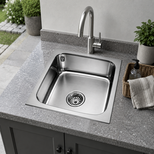 Évier de cuisine carré en acier inoxydable 304, modèle 2026, cuve simple, à poser sur comptoir, finition brossée - Product Image 2