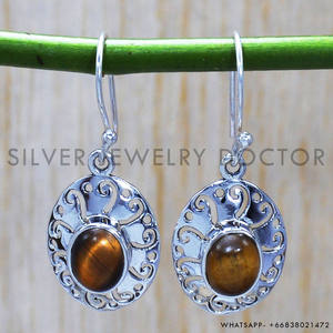 Handmade 925 Sterling Silver <b>Earrings</b> Natural Tiger Eye Gemstone <b>Hook</b> Designs <b>Earrings</b> Wholesale Price Jewelry - Product Image 2