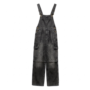 Mono de mezclilla vintage lavado con bolsillos cargo, de alta calidad, de pierna ancha, con tirantes ajustables, estilo moderno - Product Image 1