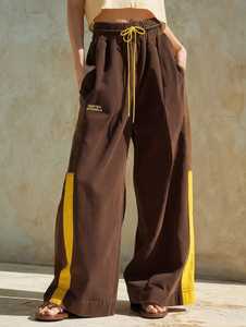 ONETEN Women's Brown Color Block Wide Leg Drawstring Pants <b>Elastic</b> <b>Waist</b> Side Stripe Casual <b>Trousers</b> - Product Image 2