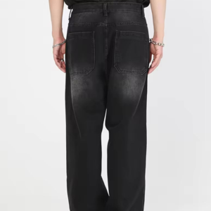 Jean large taille haute délavé pour homme 100 % coton, poids moyen, décontracté, pour l'automne, avec braguette boutonnée et décoration délavée - Product Image 2