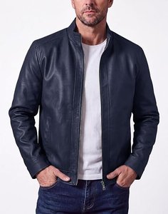 Men's Navy Genuine Leather <b>Safari</b> <b>Jacket</b> O-Neck Zipper Closure Slim Fit Regular Sleeve Waterproof Windproof Autumn Wear - Product Image 3