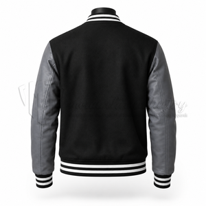 Chaqueta Universitaria Negra Personalizada, Cuerpo de Lana, Mangas de Cuero Gris, Chaqueta Letterman, Fabricante de Marca Privada OEM - Product Image 2