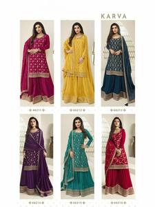 Blooming Chinon Gharara Salwar Kameez Set Jari Dori Secuencia Bordado Crepe Seda Interior Cosido Palazzo Ropa de estilo indio - Product Image 2