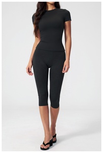 Black 2 Piece Yoga Set Deep V Neck Halter <b>Crop</b> <b>Top</b> High Waist Calf-Length Leggings Seamless Solid Color - Product Image 3