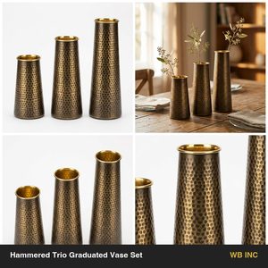 Ensemble de 3 vases en fonte faits à la main, 12 cm, finition laiton antique, ensemble de vases martelés gradués pour la décoration intérieure, les hôtels et les mariages - Product Image 6