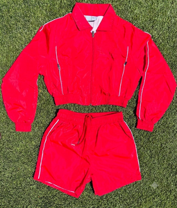 Ensemble de survêtement unisexe rouge à manches longues avec fermeture éclair, short sportif respirant en polyester, idéal pour le printemps, coupe régulière pour adulte - Product Image 1