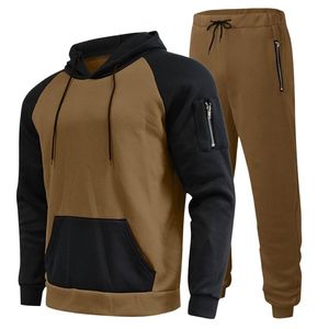 Ensemble de survêtement à capuche pour homme, color block, manches longues, décontracté, pour l'automne, respirant, en polyester et coton, avec fermeture à cordon - Product Image 1