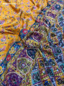 Sari de chinon suave de alta calidad con estampado a cuadros, cinta zari, espejo y trabajo de diamantes a mano, conjunto de blusa ya confeccionada a precio mayorista. - Product Image 3