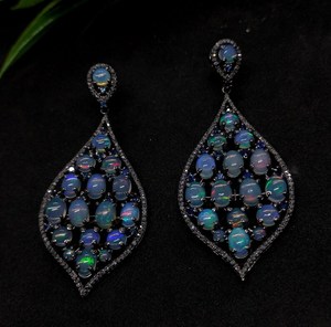 Ethiopian Opal Diamond Earring Pave Diamond Earrings 925 Sterling Silver Handmade <b>Oxidized</b> Dongle Diamond Earring Gift For Her - Product Image 1
