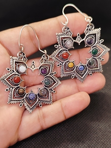 Handmade 7 Chakra Brass <b>Earrings</b> | Natural Gemstone Gold Plated Brass Dangle <b>Earrings</b> | Healing Crystal Jewelry | Wholesale Jewe - Product Image 3