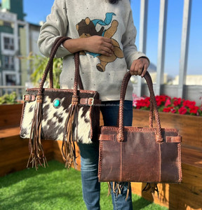 Cheveux fabriqués à la main sur cuir de vachette frange Turquoise pierre Western fourre-tout sac à main fait à la main en cuir véritable sac à main de luxe pour les femmes - Product Image 5