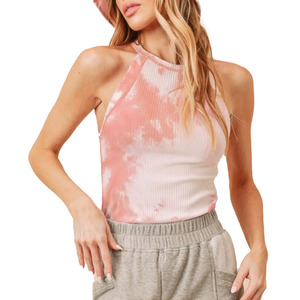 Wholesale Casual Style Women Pink Cloud Wash Ribbed Halter Tank Top Sleeveless High Neck Summer Streetwear Women's Shirts OEM - Product Image 4