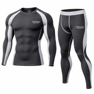 Ensemble de vêtements de sport pour homme, comprenant un t-shirt de compression à manches longues et un legging long, avec blocs de couleur, séchage rapide, couche de base athlétique - Product Image 2