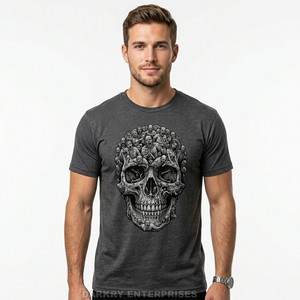 Camiseta Gris Carbón para Hombre con Gráfico Intrincado de Calavera 'Many Souls', Tejido Premium Mezclado, Tacto Suave, Estilo Vintage Streetwear - Product Image 1