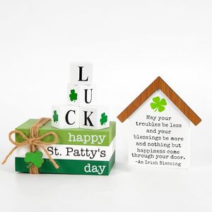 Set di 6 decorazioni per la festa di San Patrizio: vassoio a più livelli con cartello 'Buon San Patrizio', impilamento di libri, trifoglio e blocchi portafortuna - Product Image 1