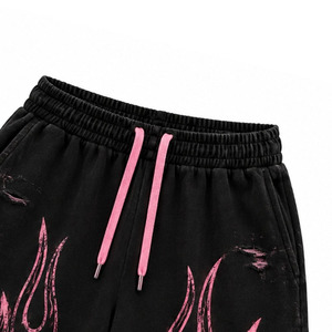 Men's Black Ripped Bermuda <b>Shorts</b> Pink Flame Print Streetwear Baggy <b>Sweat</b> Jorts Elastic Waist - Product Image 6