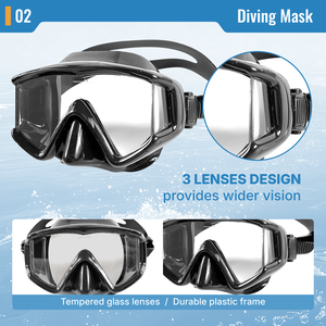 Máscara de Buceo Profesional de 3 Lentes, Vista Panorámica Amplia, Equipo de Snorkel, Vidrio Templado, Logotipo Personalizado, OEM, ODM, Venta al Por Mayor de Fábrica - Product Image 3