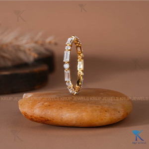 Custom Alternating Baguette Lab Created Diamond <b>Stacking</b> <b>Ring</b> Yellow Gold Women's Minimalist Wedding Anniversary Band Fine - Product Image 2