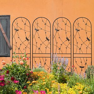 Set di 4 tralicci da giardino in metallo 220x50 cm, antiruggine, neri, decorazioni a forma di libellula, per piante rampicanti, supporto per fiori da esterno, recinzione, cancello - Product Image 1