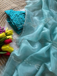 Sari en Soie Organza Pure et Douce, Broderie Traditionnelle Moti, Découpes Artisanales, Infroissable, Anti-humidité, Tenue Traditionnelle Indienne pour - Product Image 3