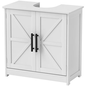 Mobiletto da Bagno Stile Rustico con Lavabo Integrato, 2 Ante Scorrevoli e Ripiano Regolabile, Colore Bianco - Product Image 1