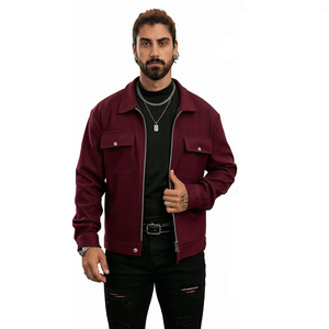 Men’s Burgundy <b>Zip</b>-<b>Up</b> <b>Jacket</b>, Stand Collar Casual Streetwear Outerwear, Long Sleeve Pocket <b>Jacket</b> for Autumn Winter - Product Image 4