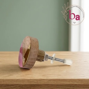 Round Wood Cabinet Knob with Pink Resin and Brass Inlay Minimalist Design for Kitchen Furniture Handle - Product Image 5