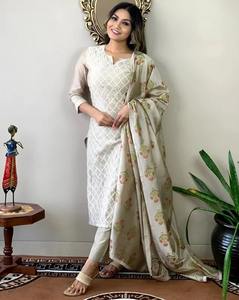 Conjunto de rayón Kurti para mujer pakistaní india de grado superior, pantalón Dupatta crema estampada de manga para fiestas, bodas, Salwar - Product Image 3