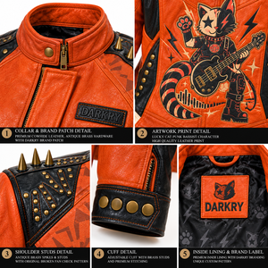 <b>Women</b> Orange Real Cowhide Leather Biker Jacket Printed Cat Black Panel Spiked Shoulder <b>Outerwear</b> Coat OEM ODM Custom Wholesale - Product Image 6
