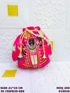 Shreenathji Printed Satin Potli <b>Bag</b> with Pearl Lace | <b>Drawstring</b> Ethnic Wedding Return Gift Pouch for Women - Product Image 2