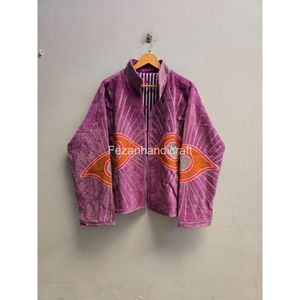Blouson à col mandarin avec motif brodé œil de chat violet, manches longues, style ouvert, pour l'automne - Product Image 1