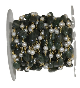 Perle blanche plaquée or de qualité supérieure et chaîne de chapelet de perles ovales vertes naturelles, chaîne de perles en fil métallique pour la fabrication de bijoux - Product Image 1