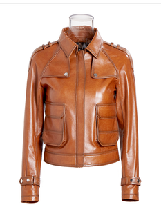 Wholesale Custom Women's Leather Trucker Jacket Brown Leather Jacket Factory Direct Low MOQ Export - Product Image 1