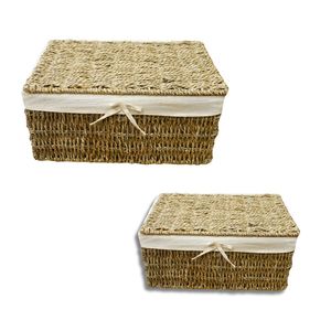 Cesta de Almacenamiento de Mimbre y Hierba Marina, Juego de Cestas Rectangulares con Tapa y Forro de Algodón - Product Image 1