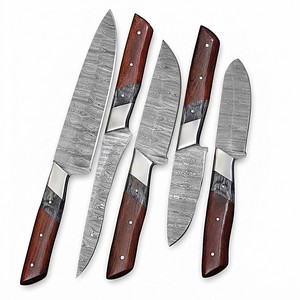 Ensemble de couteaux de cuisine en acier Damas, 5 pièces, couteaux de chef, manche en bois de rose, embout en acier, vente en gros, B2B, fabricant OEM - Product Image 1