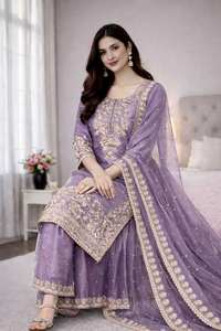 Ensemble de kurta en soie brodée par des designers, avec dupatta lourd, pour un look de fête et de mariage - Product Image 2