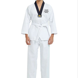Uniforme de taekwondo de alta calidad, tela de polialgodón ligera, transpirable y duradera, uniforme de entrenamiento con cuello en V para hombres y mujeres - Product Image 1