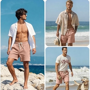Men's Pink Corduroy Drawstring Shorts Casual Solid Color Mid Waist Breathable Pockets Style - Product Image 5