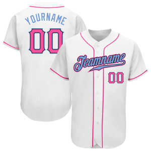 Camiseta de Béisbol Personalizada Blanca, Rosa y Azul con Nombre del Equipo 00, Impresión Sublimada, Cierre de Botones, Manga Corta, Unisex, Ropa Deportiva para Adultos - Product Image 1