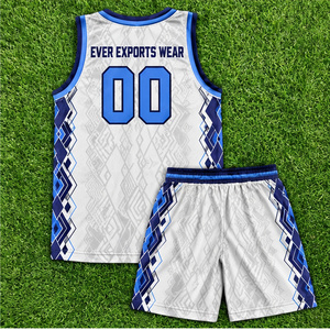 Ensemble Maillot et Short de Basketball Personnalisé, Design Unique, Qualité Supérieure, Motif Géométrique Blanc et Bleu, Vente en Gros, Tenue de Sport pour Équipe - Product Image 2